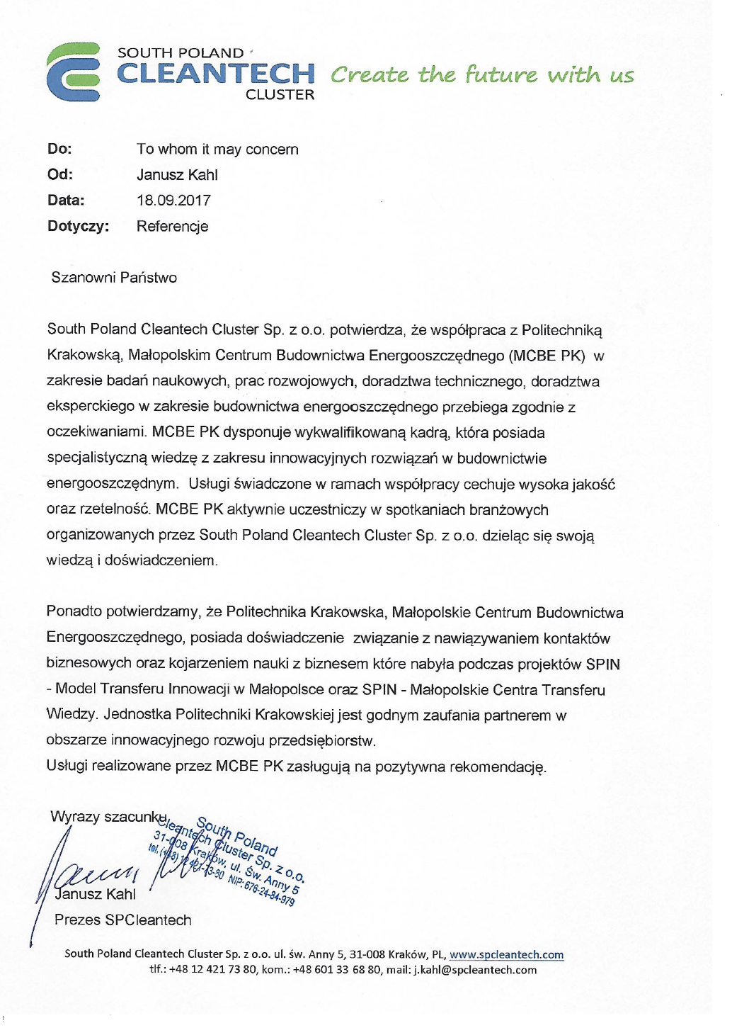 List referencyjny - South Poland Cleantech Cluster